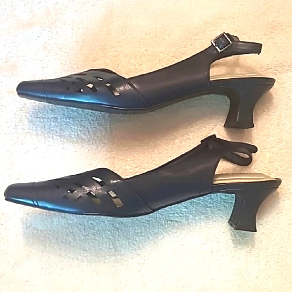 Easy Street Sling Back Heels Laser Cut Out Spool Kitten Heel Cushion Almond Toe